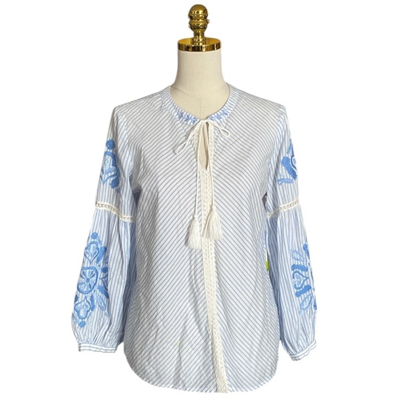J. McLaughlin Tops - J. MCLAUGHLIN Embroidered Striped Cotton Linen Ballon Sleeve Boho Blouse Size S